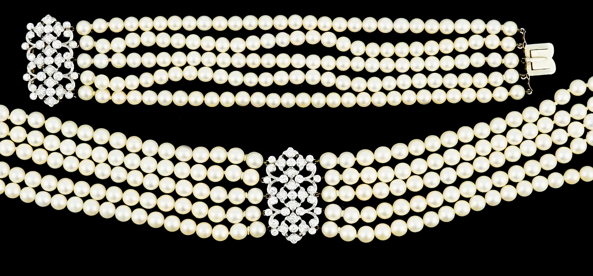 A mid 20th century quintuple strand cultured pearl choker necklace, with diamond cluster set white gold clasp and diamond cluster set white gold scrolling central motif, together with a matching bracelet